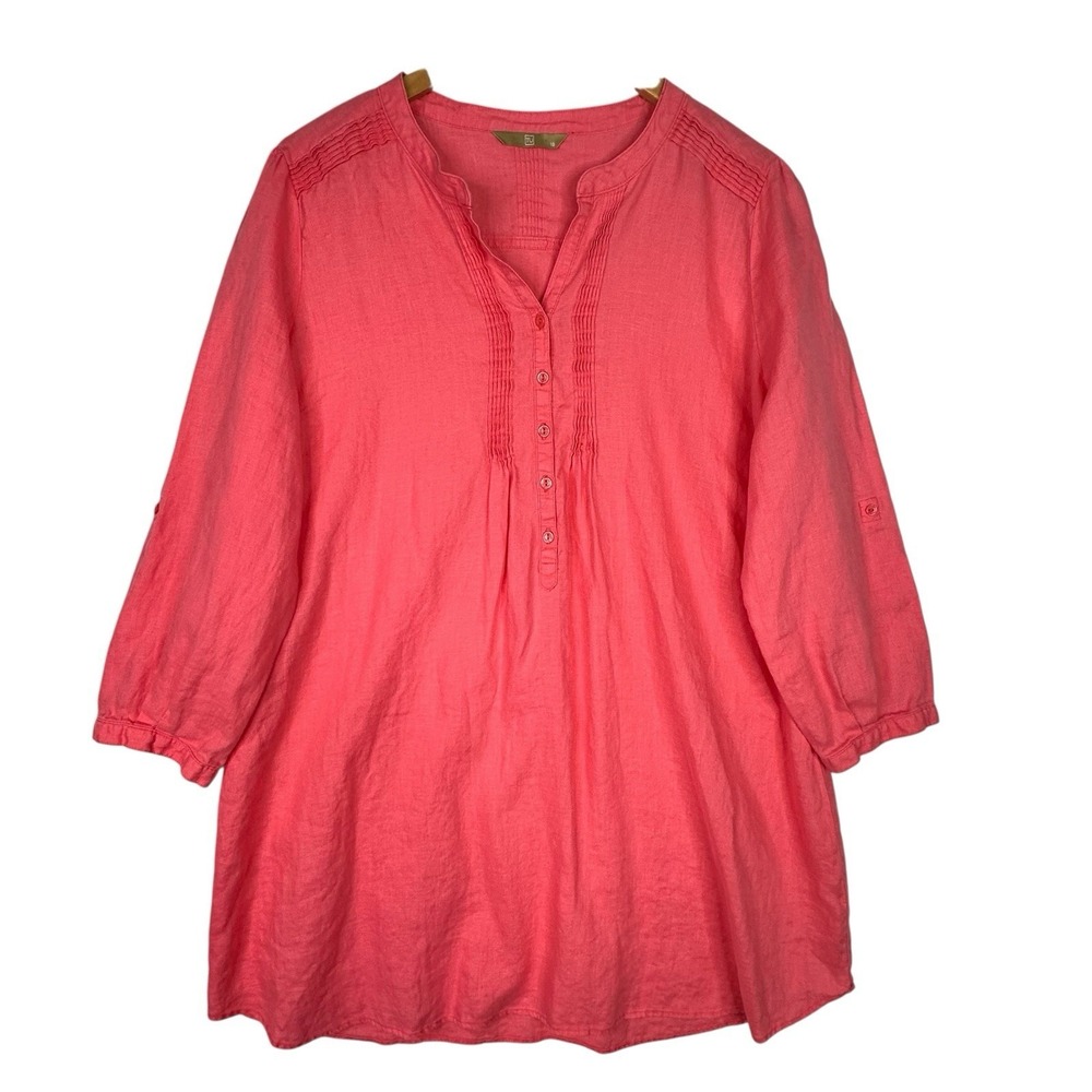 TU Clothing Linen Tunic Top Womens Size 18 Coral Pintuck 3/4 Sleeve Blouse Boho